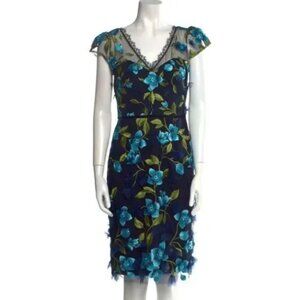 Marchesa Notte Navy floral V-Neck midi dress NWT